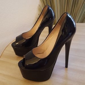 Black Patent Vegan Leather Open Toe Platform Heels